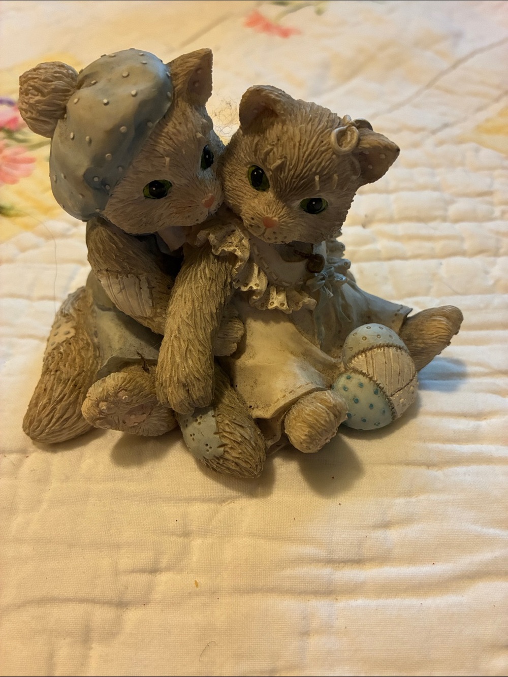 Tan and Light Blue Cat Couple Figurine - Decorative Small Pets Accent